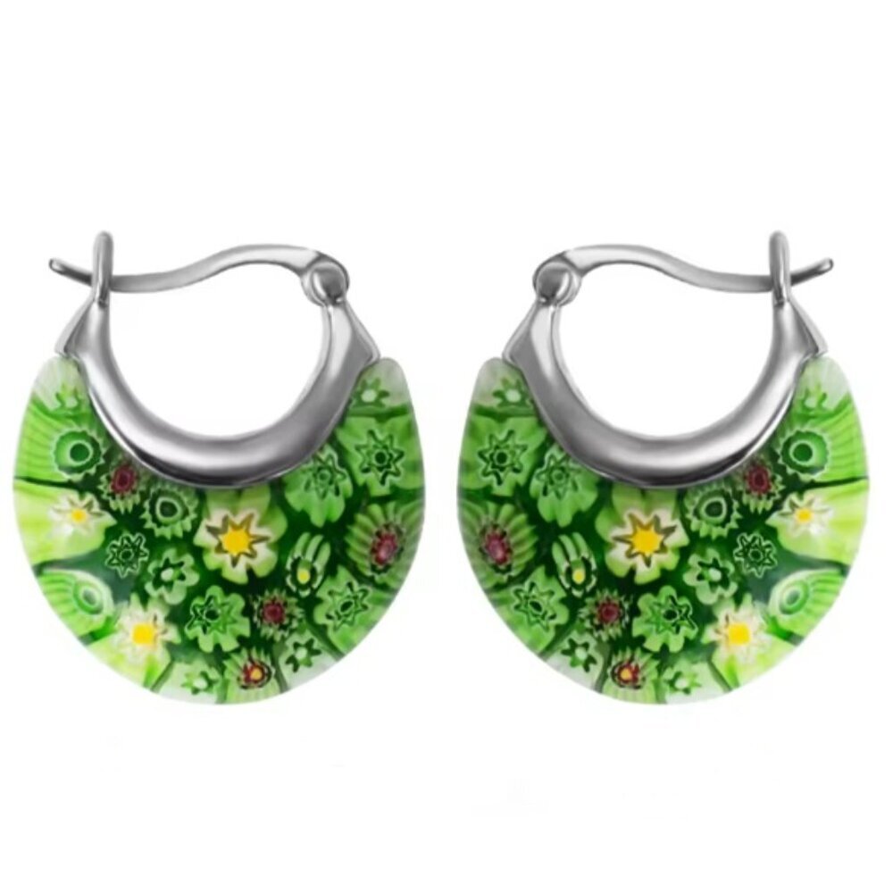 Green Murano Style Glass Hoop Earrings for Women Daisy Flower Stainless Steel